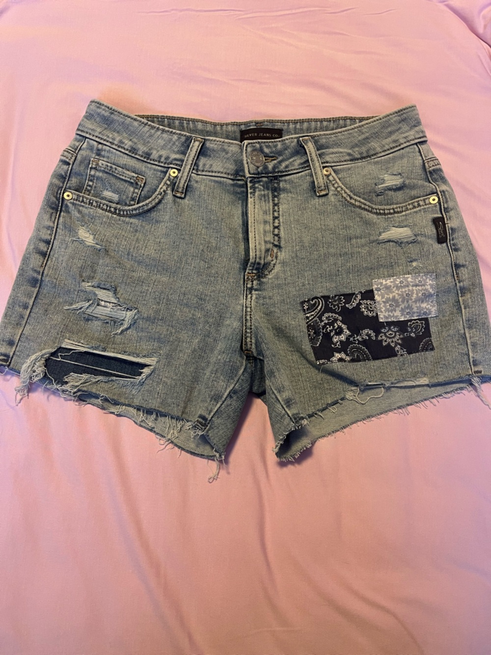 Silver Jeans Boyfriend Shorts with Bandana Patch